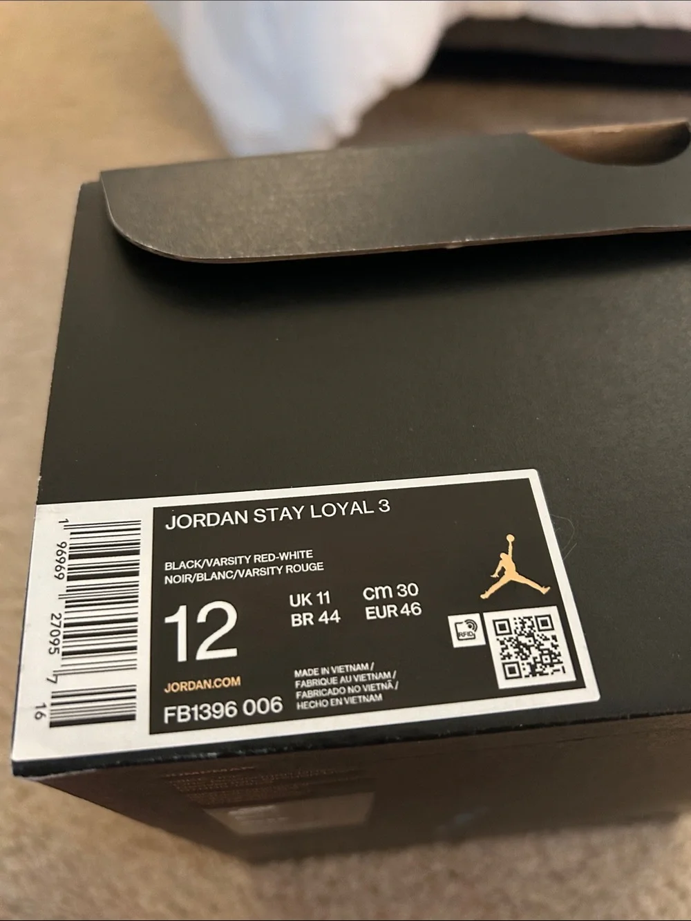 Men’s 12 Jordan Stay Loyal 3 Box Label — Black, Red, Gold